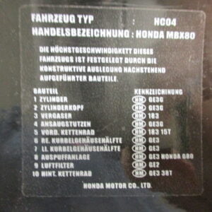 Klistremerke tekniske data hvit tekst MBX80 Honda