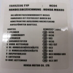 Decal technical data black text MBX80 Honda